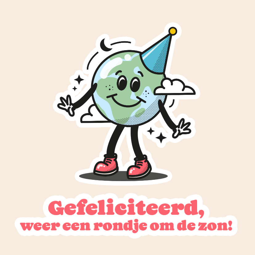 Vrolijk verjaardagskaartje met wereldbolletje met feesthoed - Verjaardagskaarten Verjaardagskaarten - Vrolijk verjaardagskaartje met wereldbolletje met feesthoed