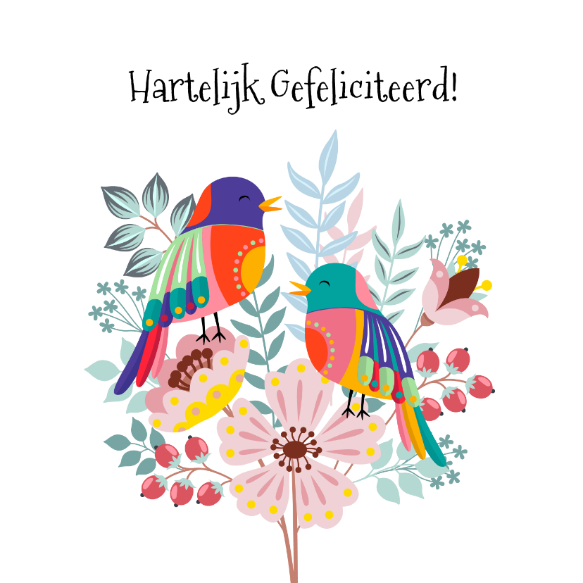 Vrolijke en kleurrijke verjaardagskaart met bloemen en vogel - Verjaardagskaarten Verjaardagskaarten - Vrolijke en kleurrijke verjaardagskaart met bloemen en vogel