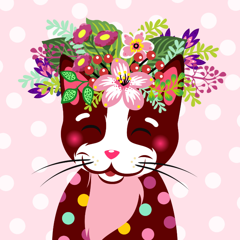 Vrolijke en kleurrijke verjaardagskaart met kat en bloemen - Verjaardagskaarten Verjaardagskaarten - Vrolijke en kleurrijke verjaardagskaart met kat en bloemen