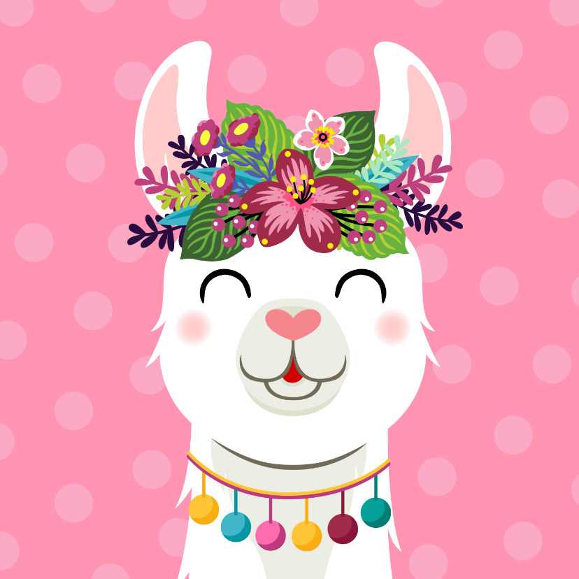 Vrolijke en kleurrijke verjaardagskaart met lama en bloemen - Verjaardagskaarten Verjaardagskaarten - Vrolijke en kleurrijke verjaardagskaart met lama en bloemen