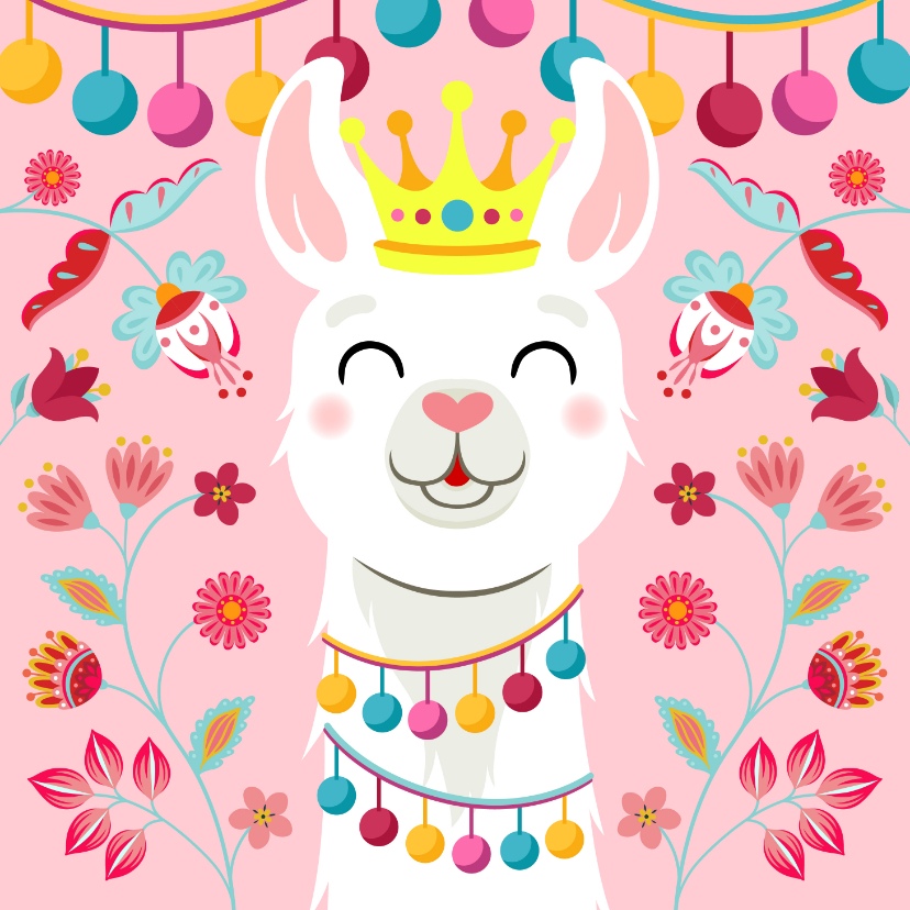 Vrolijke en kleurrijke verjaardagskaart met lama met kroon - Verjaardagskaarten Verjaardagskaarten - Vrolijke en kleurrijke verjaardagskaart met lama met kroon