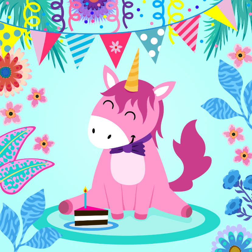 Vrolijke en kleurrijke verjaardagskaart met unicorn en taart - Verjaardagskaarten Verjaardagskaarten - Vrolijke en kleurrijke verjaardagskaart met unicorn en taart
