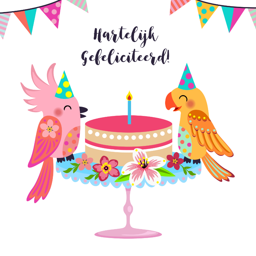 Vrolijke en kleurrijke verjaardagskaart met vogels en taart - Verjaardagskaarten Verjaardagskaarten - Vrolijke en kleurrijke verjaardagskaart met vogels en taart