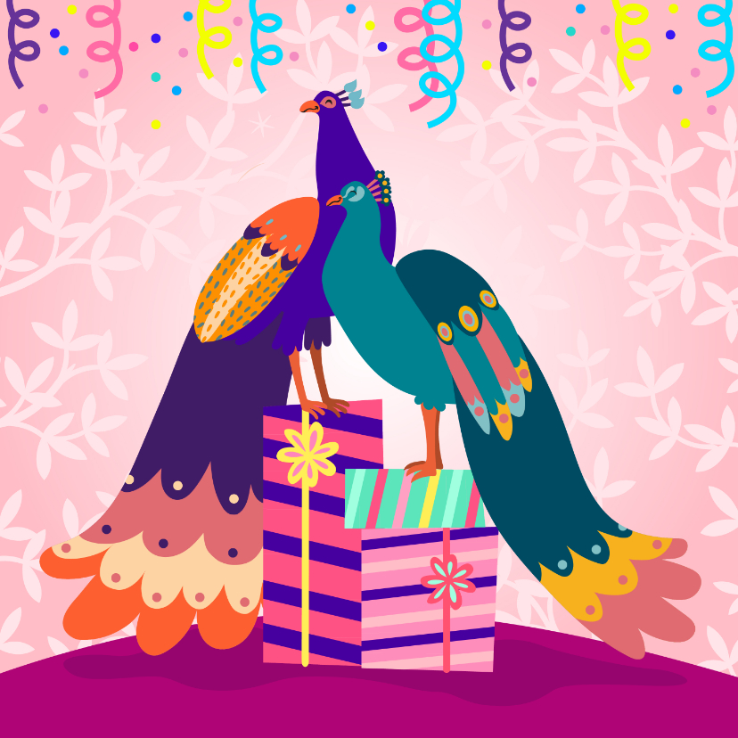 Verjaardagskaarten - Vrolijke en stijlvolle verjaardagskaart met pauwen 