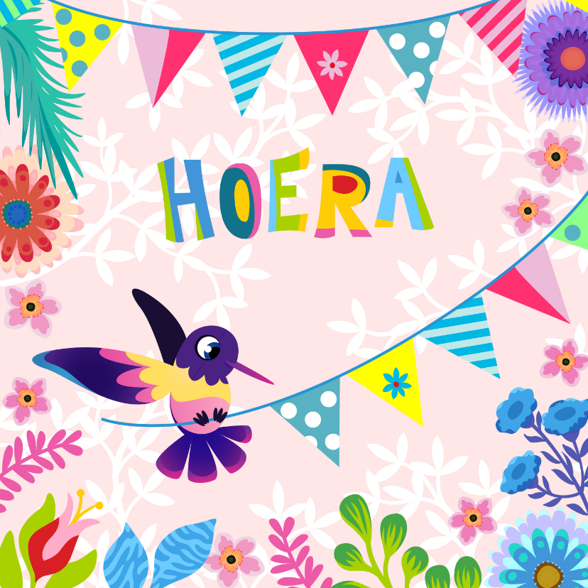 Verjaardagskaarten - Vrolijke gezellige en kleurrijke kaart met vogel en slingers