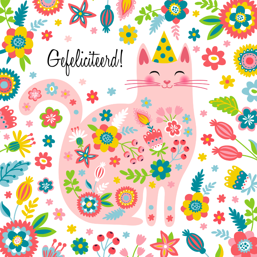 Verjaardagskaarten - Vrolijke kat met bloemen kleurrijke verjaardagskaart
