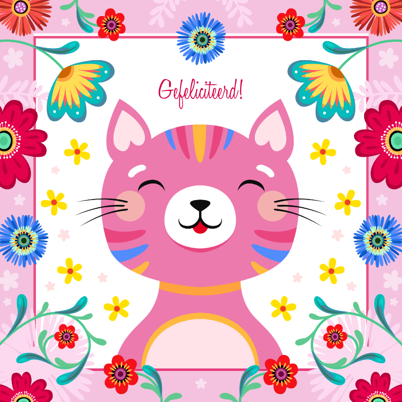 Verjaardagskaarten - Vrolijke kat verjaardagskaart met kleurrijke bloemen