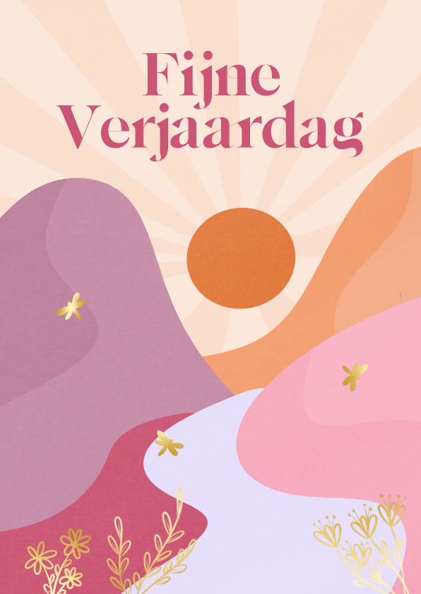 Vrolijke trendy roze verjaardagskaart met zon en bergen - Verjaardagskaarten Verjaardagskaarten - Vrolijke trendy roze verjaardagskaart met zon en bergen