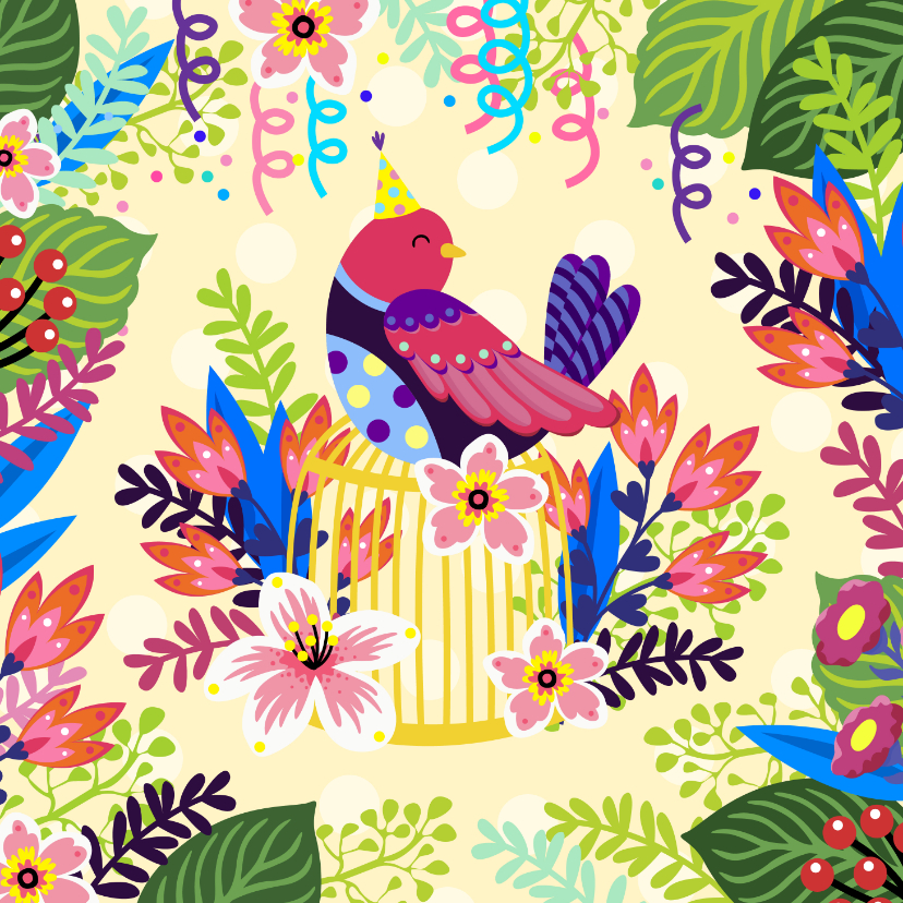 Vrolijke verjaardagskaart met bloemen en vogel op kooi - Verjaardagskaarten Verjaardagskaarten - Vrolijke verjaardagskaart met bloemen en vogel op kooi