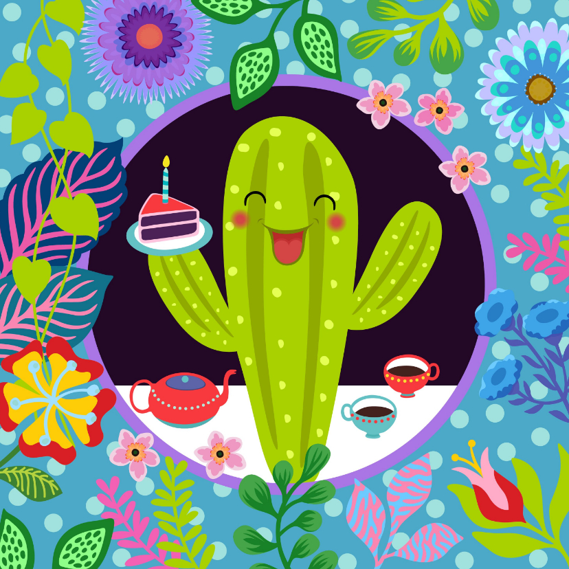 Verjaardagskaarten - Vrolijke verjaardagskaart met cactus en bloemen