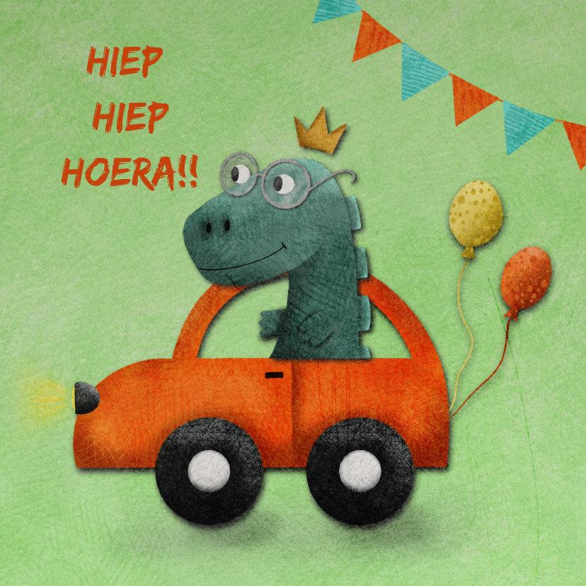 Verjaardagskaarten - Vrolijke verjaardagskaart met dino in auto