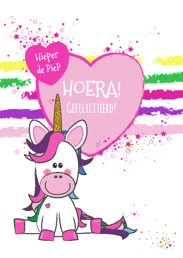 Verjaardagskaarten -  Vrolijke verjaardagskaart met een unicorn en hartjes