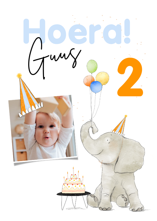 Verjaardagskaarten - Vrolijke verjaardagskaart met feestelijke olifant