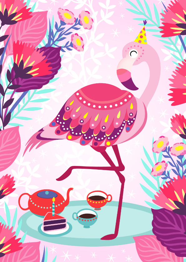 Verjaardagskaarten - Vrolijke verjaardagskaart met flamingo, taart en bloemen