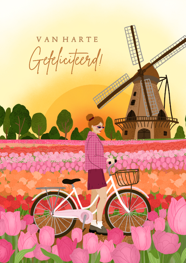 Vrolijke verjaardagskaart met meisje in tulpenveld - Verjaardagskaarten Verjaardagskaarten - Vrolijke verjaardagskaart met meisje in tulpenveld