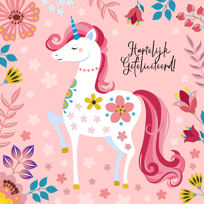 Verjaardagskaarten - Vrolijke verjaardagskaart met unicorn en bloemen