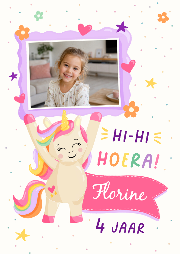 Vrolijke verjaardagskaart voor meisje met unicorn en foto - Verjaardagskaarten Verjaardagskaarten - Vrolijke verjaardagskaart voor meisje met unicorn en foto