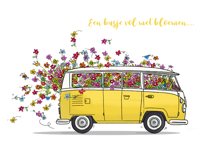 Verjaardagskaarten - VW bus geel met bloemen