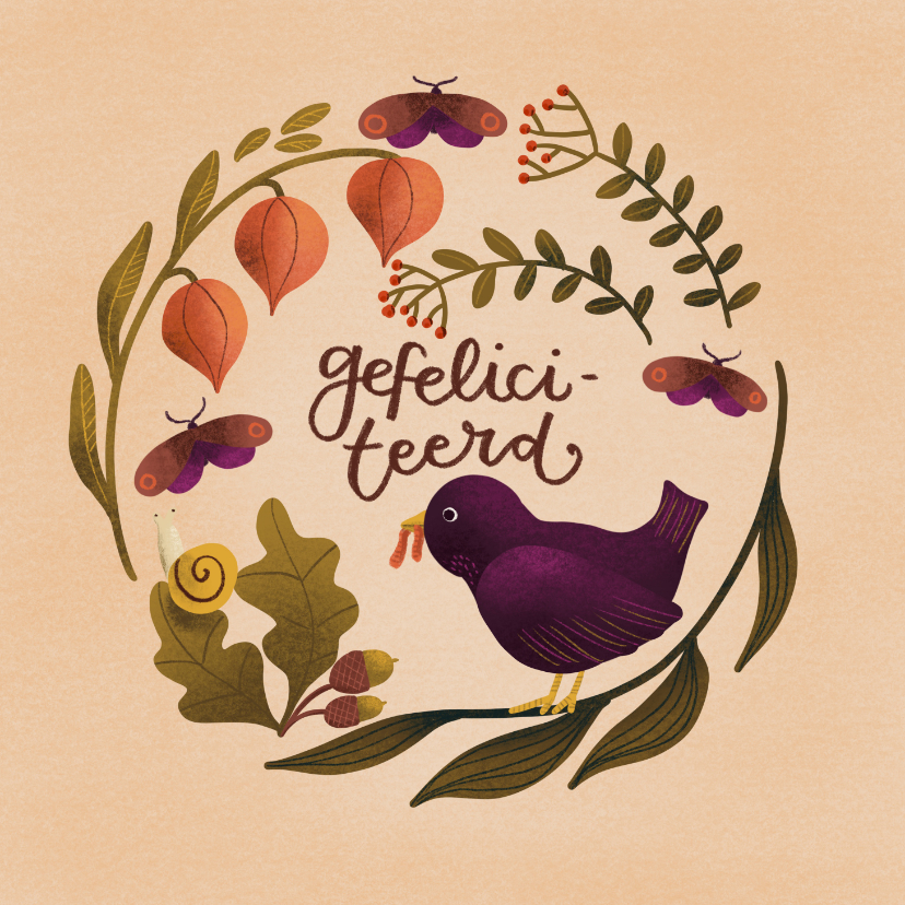 Warme herfstige felicitatiekaart met vogel en vlinder - Verjaardagskaarten Verjaardagskaarten - Warme herfstige felicitatiekaart met vogel en vlinder