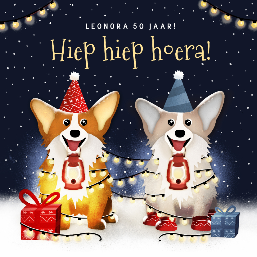 Verjaardagskaarten - Winterse verjaardagskaart met 2 corgi hondjes en lampjes