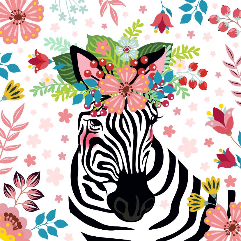 Zebra met bloementooi verjaardagskaart - Verjaardagskaarten Verjaardagskaarten - Zebra met bloementooi verjaardagskaart