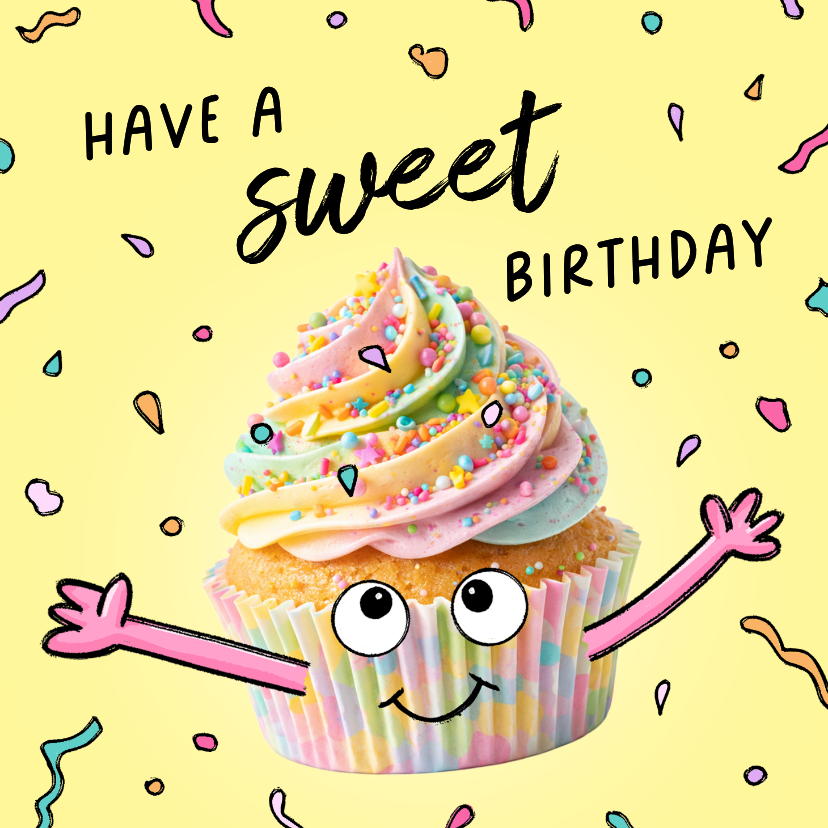 Verjaardagskaarten - Zoete verjaardagskaart met cupcake en confetti