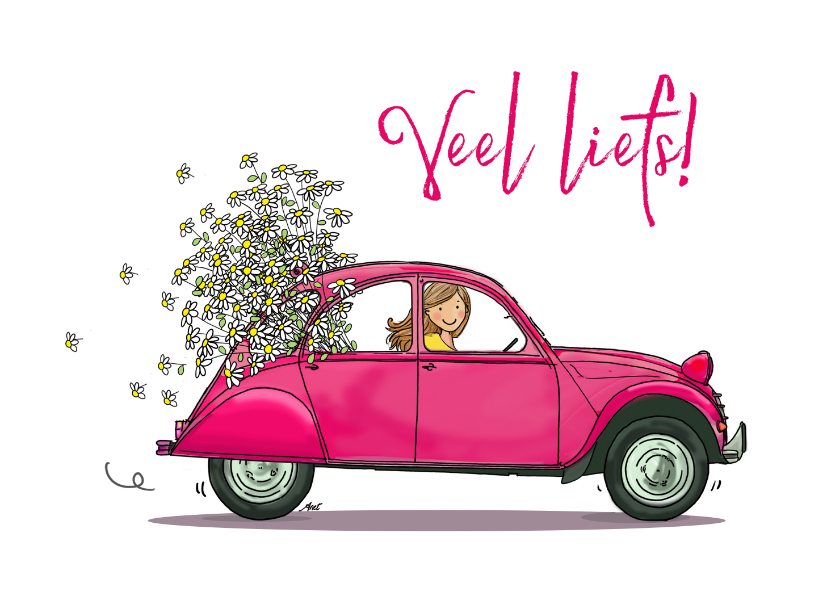 Rode eend 2cv met bos bloemen - Vriendschap kaarten Vriendschap kaarten - Rode eend 2cv met bos bloemen