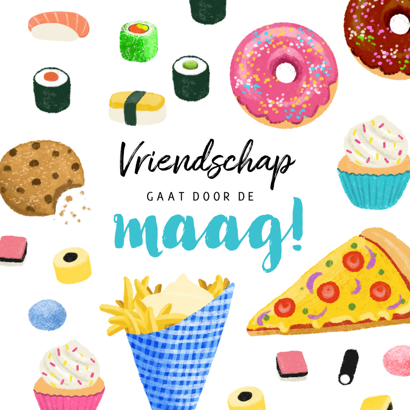 Vriendschap kaart met lekker eten sushi donuts cupcakes - Vriendschap kaarten Vriendschap kaarten - Vriendschap kaart met lekker eten sushi donuts cupcakes