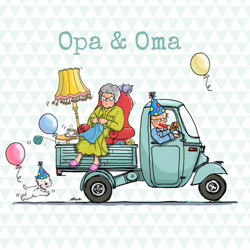 Wenskaarten - Driewieler met opa en oma