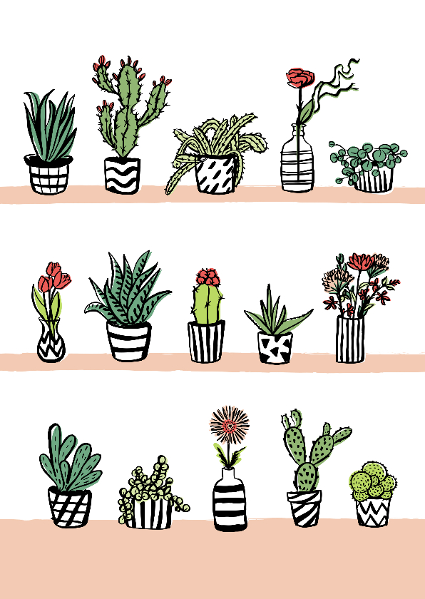 Fleurige kaart cactussen en bloemen - Wenskaarten Wenskaarten - Fleurige kaart cactussen en bloemen