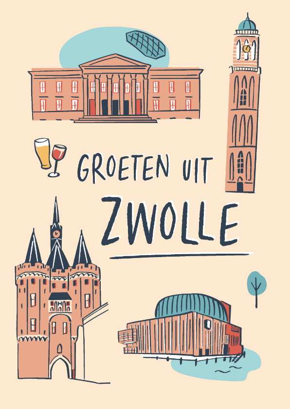 Groeten uit Zwolle stad illustraties - Wenskaarten Wenskaarten - Groeten uit Zwolle stad illustraties
