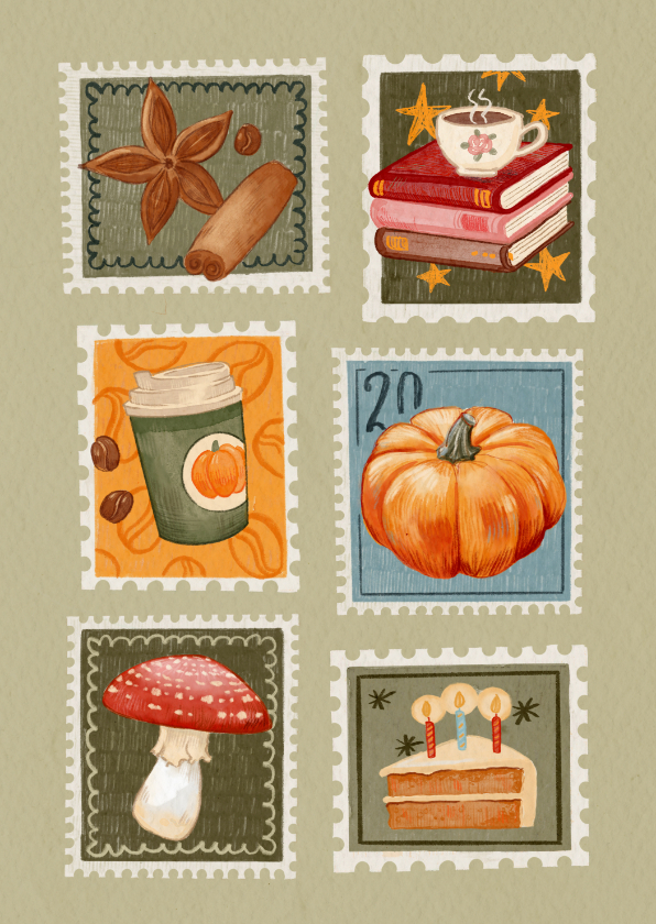 Wenskaarten - Herfst wenskaart met postzegels