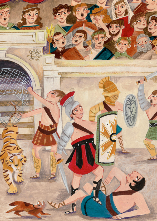 Wenskaarten - Kinderkaart Gladiators met tijger in de Arena 