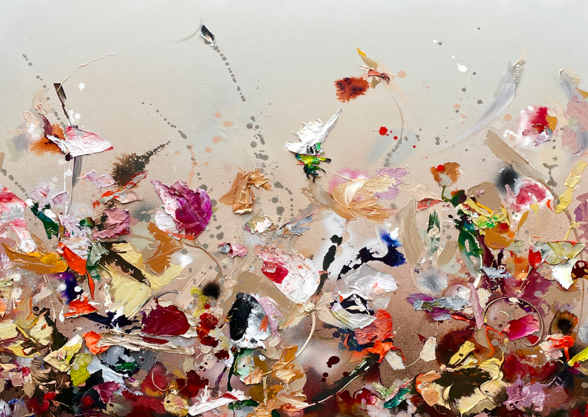 Wenskaarten - Kunstkaart met vrolijk bloemenveld