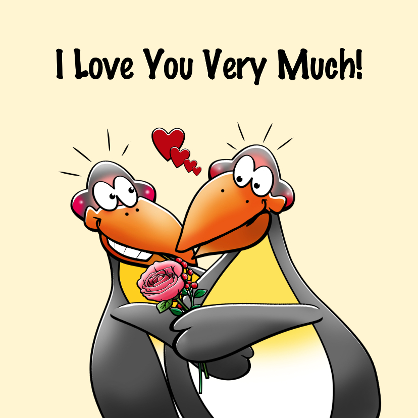 Liefdekaart met een pinguïns en vaas met bloemen - Wenskaarten Wenskaarten - Liefdekaart met een pinguïns en vaas met bloemen