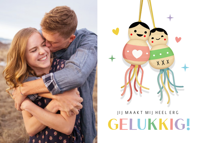 Liefdeskaart met eigen foto en 2 verliefde gelukspoppetjes - Wenskaarten Wenskaarten - Liefdeskaart met eigen foto en 2 verliefde gelukspoppetjes