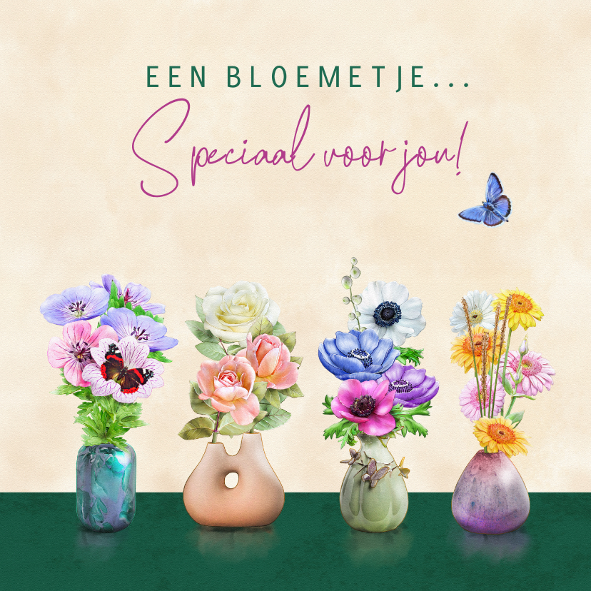 Wenskaarten - Liefdevolle bloemenkaart 4 vaasjes met geschilderde bloemen