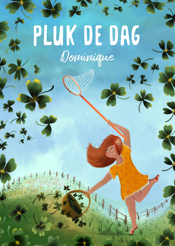 Pluk-de-dag-kaart met meisje en klavertjes - Wenskaarten Wenskaarten - Pluk-de-dag-kaart met meisje en klavertjes