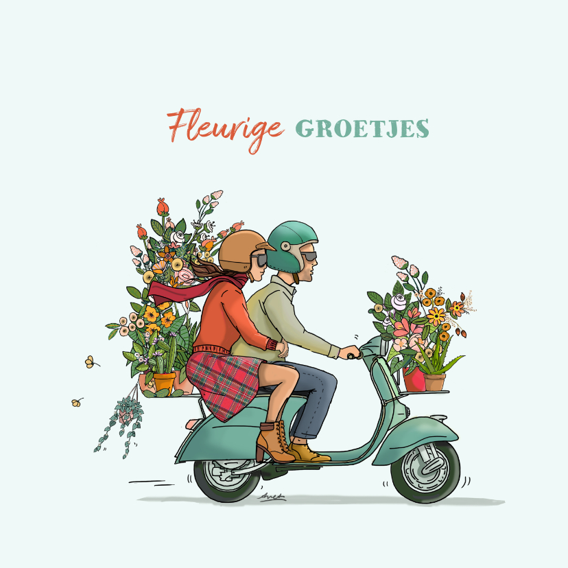 Wenskaarten - Retro scooter met bloemen