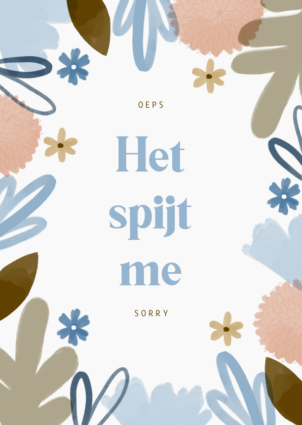 Wenskaarten - Sorrykaart het spijt me met bloemen blauw beige