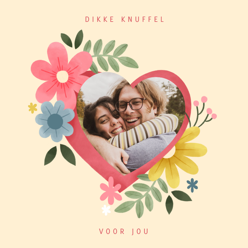 Wenskaarten - Sterkte kaart knuffel met hart, bloemen en foto