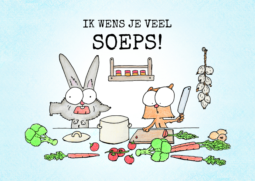 Wenskaarten - Succes kaart met een konijn en een eekhoorn in de keuken