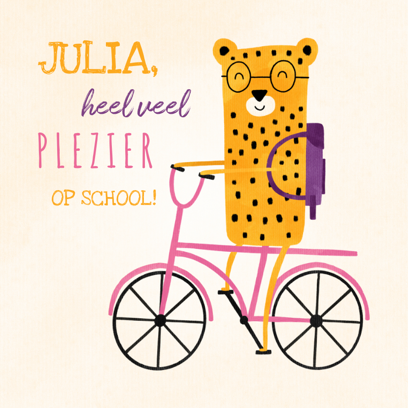 Wenskaarten - Succes kaart school met luipaardje op roze fiets