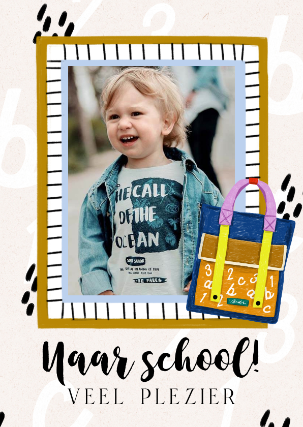 Wenskaarten - Trendy kinderkaart naar school fotokader rugzak letters