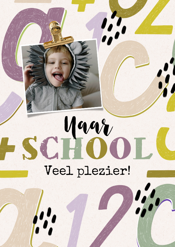 Wenskaarten - Trendy kinderkaart naar school letters cijfers foto 