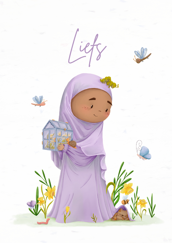 Veel liefs wenskaart met geïllustreerde hijabi en diertjes - Wenskaarten Wenskaarten - Veel liefs wenskaart met geïllustreerde hijabi en diertjes