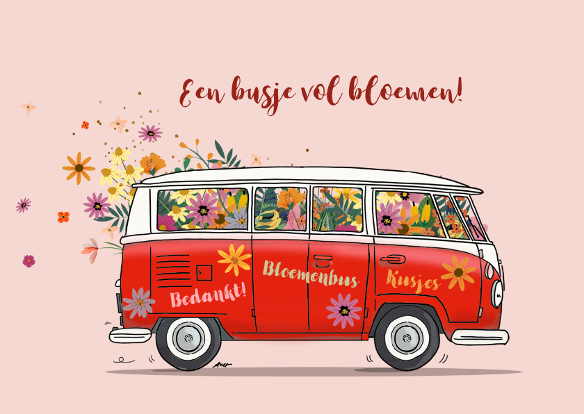 Wenskaarten - VW bus kaart bloemen Anet Illustratie