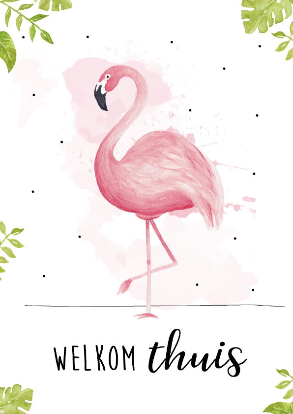 Wenskaarten - Welkom thuis kaart met tropische bladeren en roze flamingo