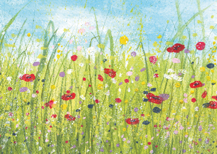 Wenskaarten - Wenskaart bloemenveld in gouache