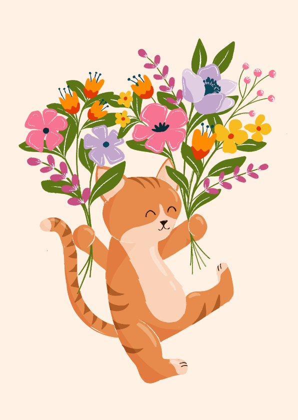 Wenskaarten - Wenskaart dansende kat met boeket bloemen